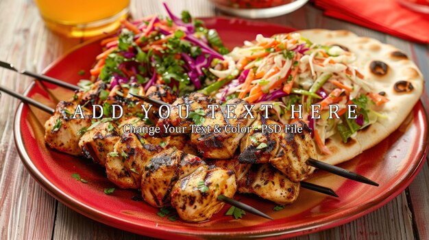 Grilled Chicken Skewers with Coleslaw and Naan