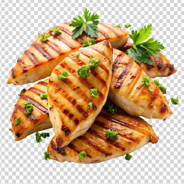 Grilled chicken with herbs and tomatoes on transparent background