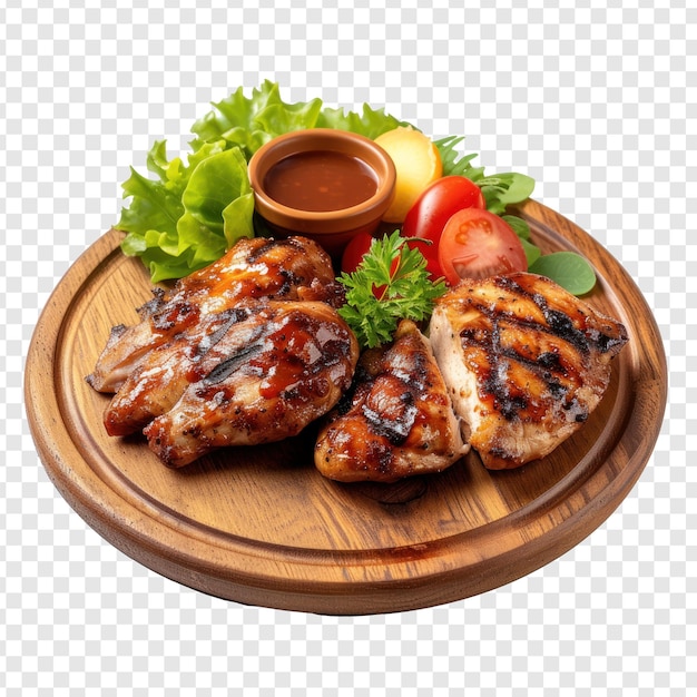 grilled chicken with sauce on wooden plate Simple Detail Isolated on transparency background PSD