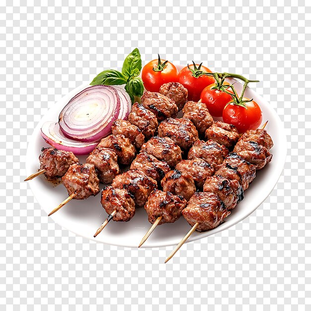 PSD grilled meat skewers of roasted shish kebab with onion and tomatoes on a transparent background