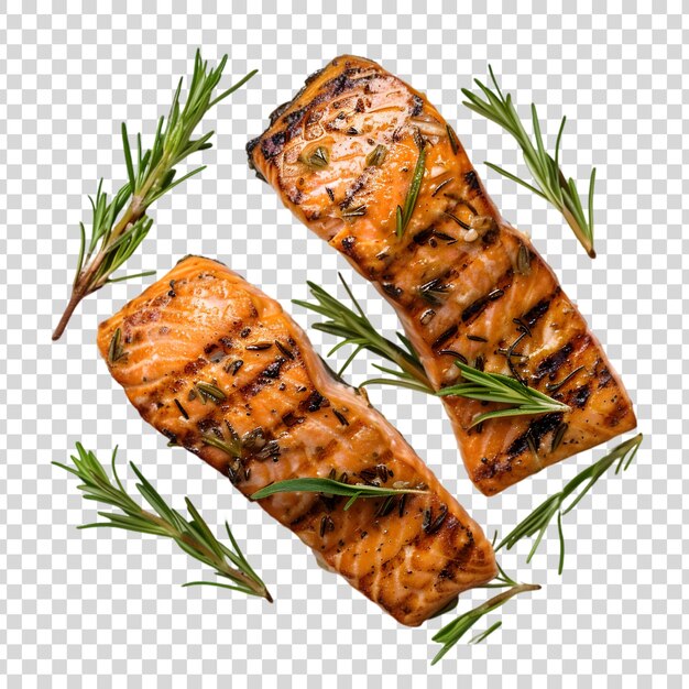 Grilled salmon fillets with herbs isolated on a transparent background