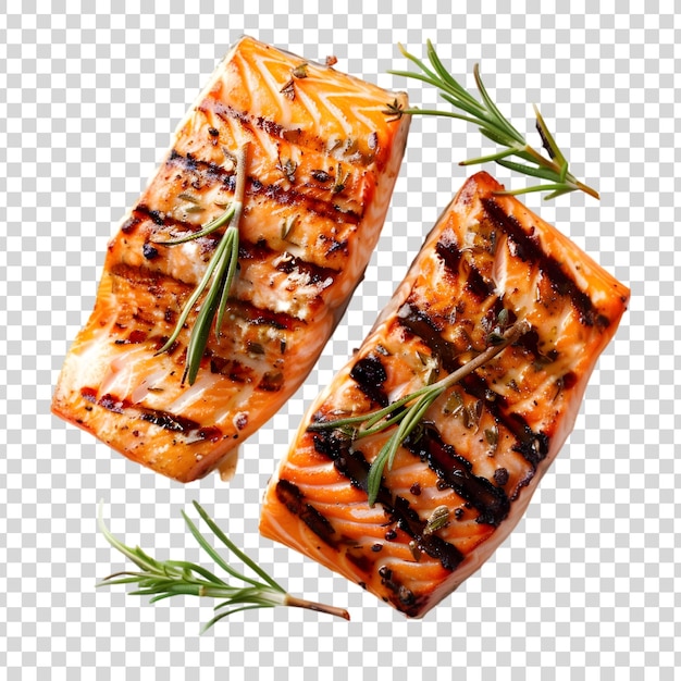 PSD grilled salmon fillets with herbs isolated on a transparent background