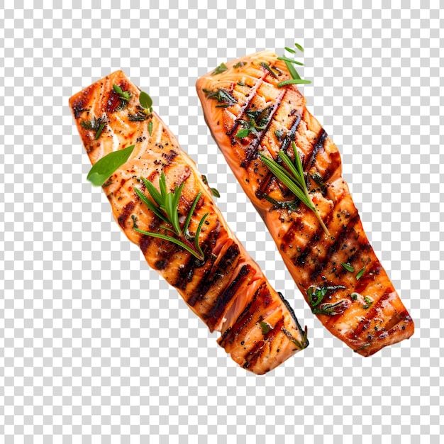 PSD grilled salmon fillets with herbs isolated on a transparent background