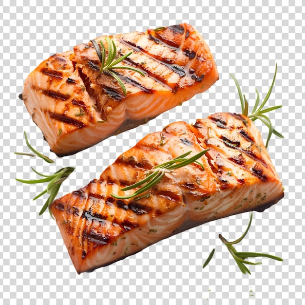 Grilled salmon fillets with herbs isolated on a transparent background