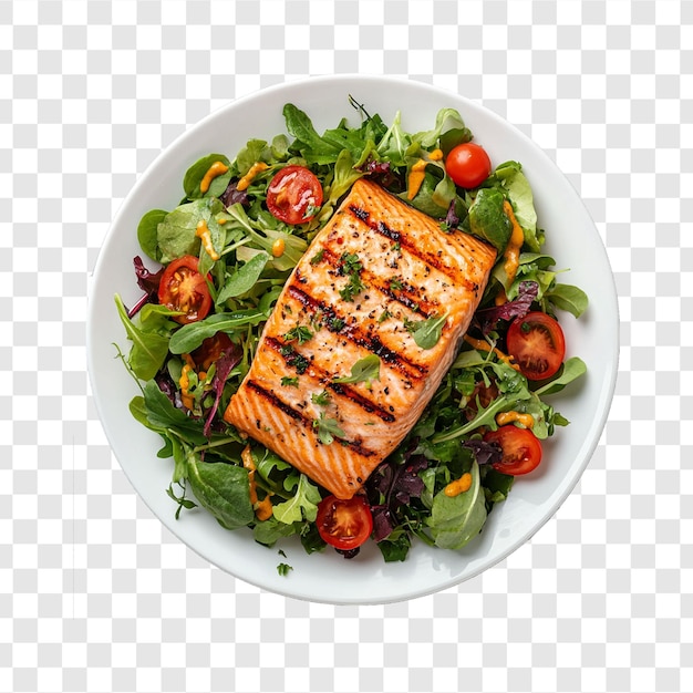 PSD grilled salmon salad with cherry tomatoes and greens