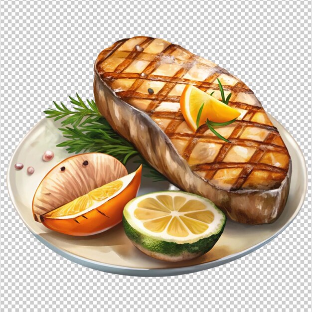 PSD grilled salmon steak with bake potato isolated on white background