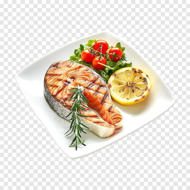 Grilled salmon steak with tomatoes sliced salad lemon rosemary parsley on a transparent background