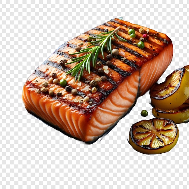 PSD grilled salmon steak with vegetables isolated on transparent background