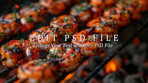 PSD grilled shrimp skewers on a charcoal grill