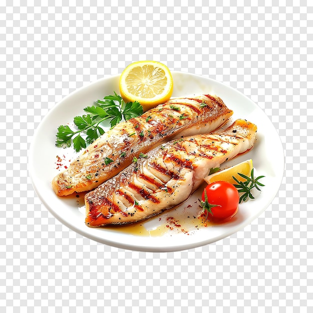 PSD grilled snapper fish steak with vegetable isolated on a transparent background