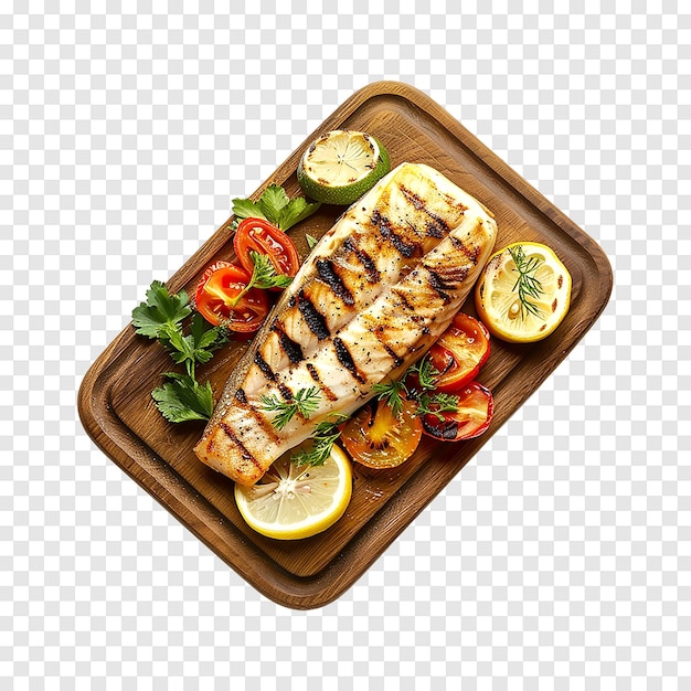 Grilled snapper fish steak with vegetable isolated on a transparent background