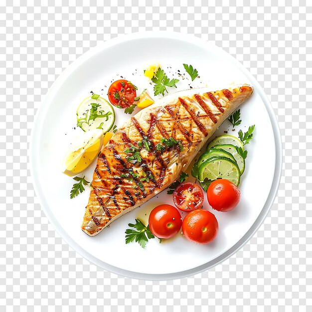 PSD grilled snapper fish steak with vegetable isolated on a transparent background