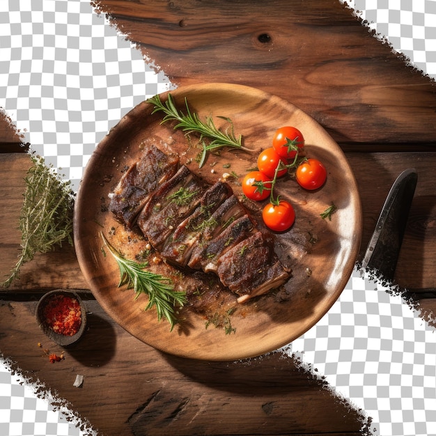 Grilled spare ribs served with thyme pepper and tomato on a wooden table