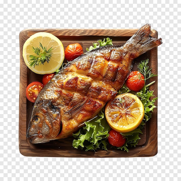 PSD grilled spicy fish with pieces lemon and vegetables on a transparent background