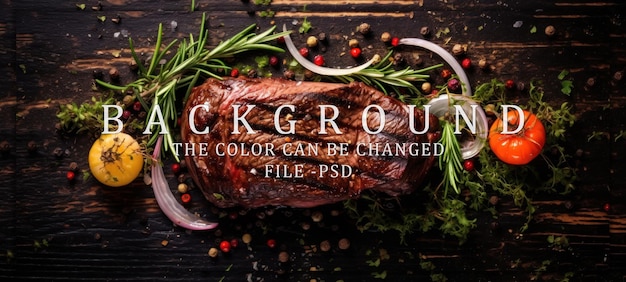 PSD grilled steak with herbs and spices on wooden background