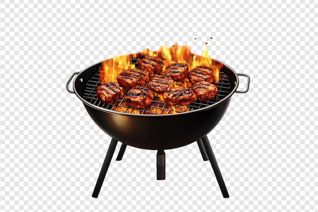 PSD grilled steaks on a flaming barbecue on a transparent background