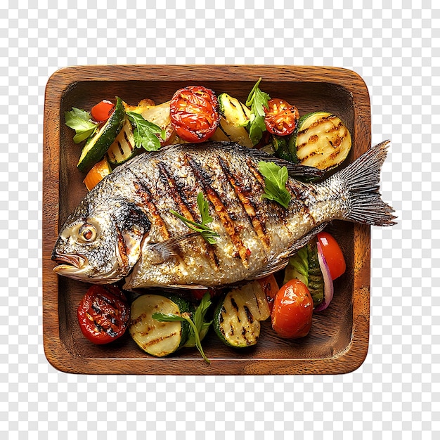 Grilled tilapia fish served with grilled vegetables isolated on a transparent background