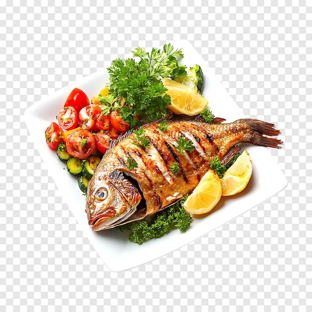 Grilled tilapia fish with garden vegetables isolated on a clean transparent background