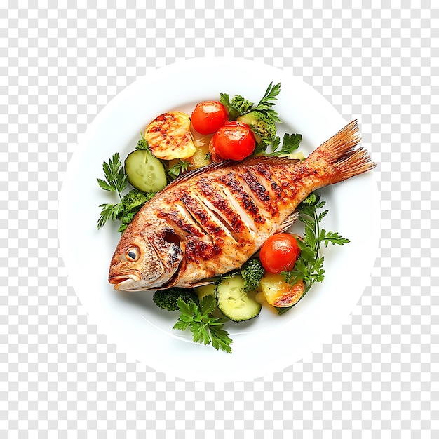 Grilled tilapia fish with healthy vegetables isolated on a transparent background