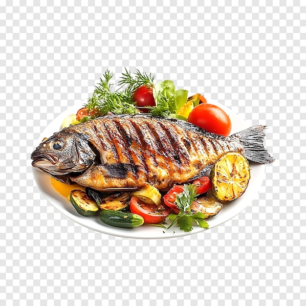 Grilled tilapia fish with vibrant vegetables isolated on a clear transparent background