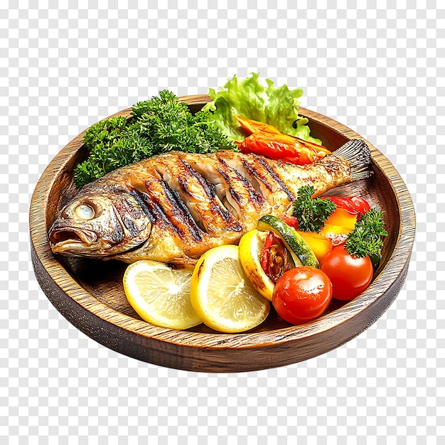 Grilled tilapia fish with vibrant vegetables isolated on a transparent background