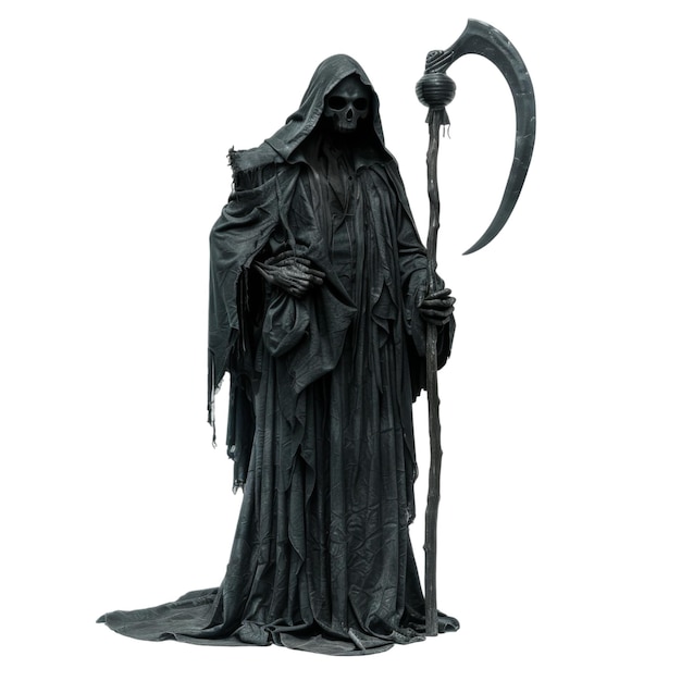 Grim Reaper Figure in Black Robe with Scythe and Staff