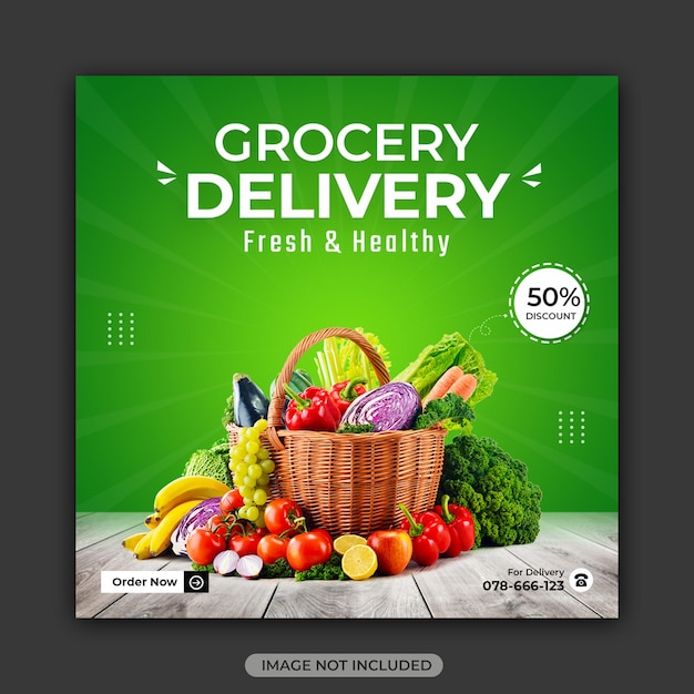 Grocery shop delivery social media post design or instagram banner template