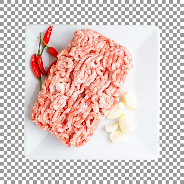 Ground beef with a red chili on plate with transparent background