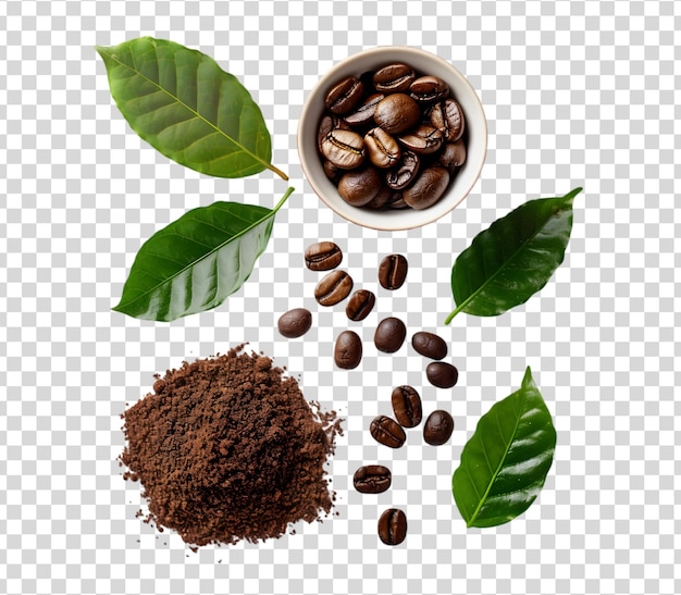 Ground Coffee Beans and Green Coffee Leaves on a Transparent Background