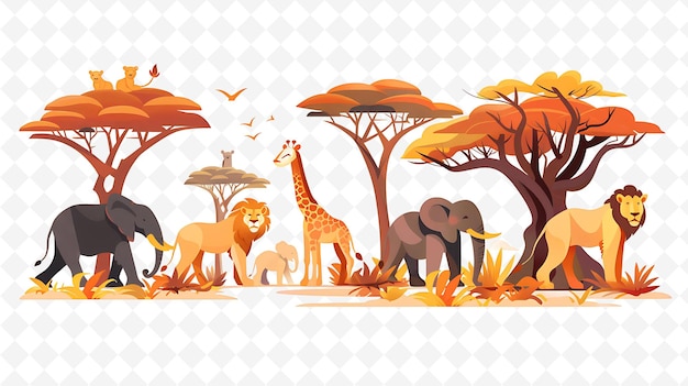 a group of animals and trees with a white background