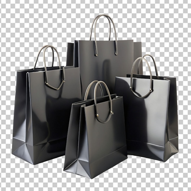 group of black shopping bags on transparent background