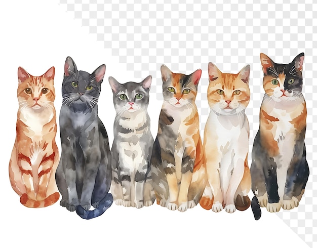 PSD a group of cats are lined up on a white background