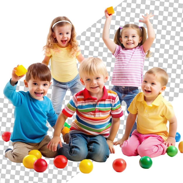 PSD a group of children playing with blocks and laughing on transparent background