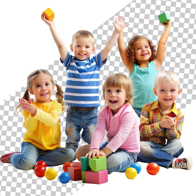 PSD a group of children playing with blocks and laughing on transparent background