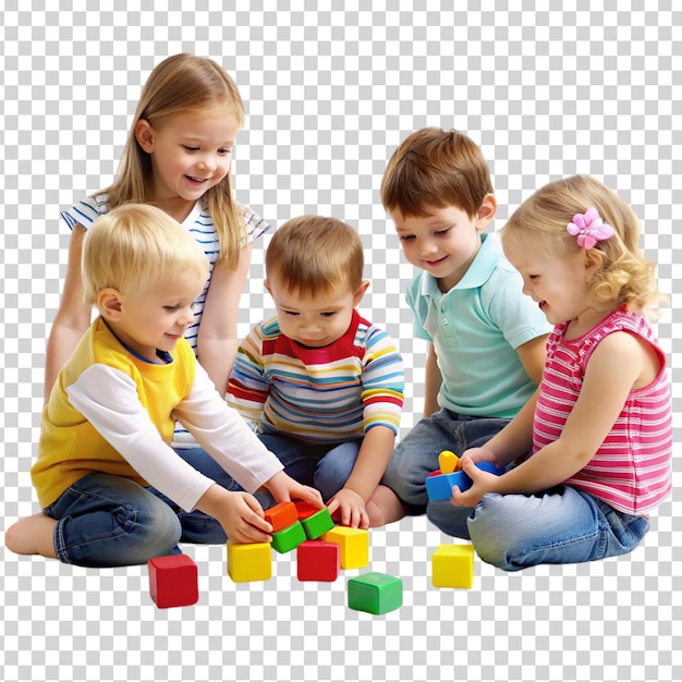 A group of children playing with blocks and laughing on transparent background