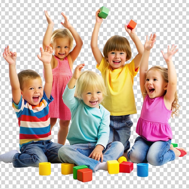 PSD a group of children playing with blocks and laughing on transparent background