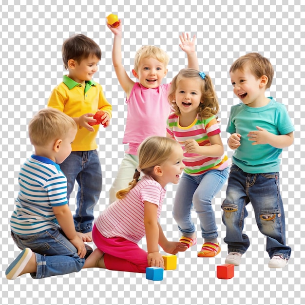 PSD a group of children playing with blocks and laughing on transparent background