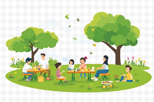 a group of children sit at a picnic with butterflies and trees