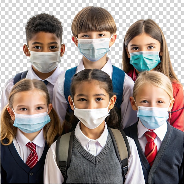 PSD a group of children wearing face masks on transparent background