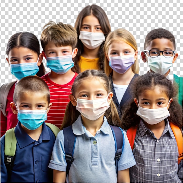 PSD a group of children wearing face masks on transparent background