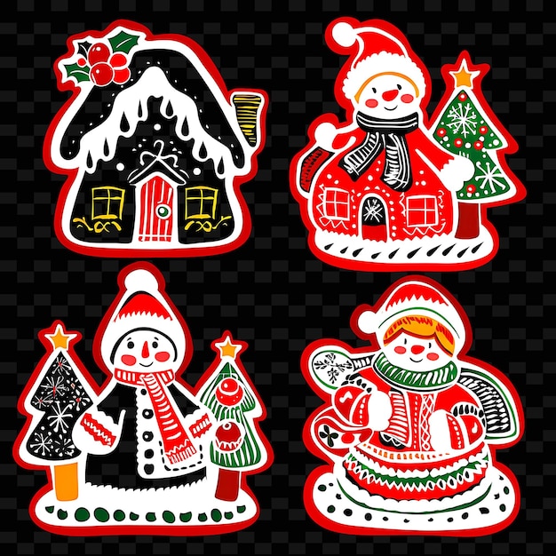 PSD a group of christmas decorations with a snowman and a house