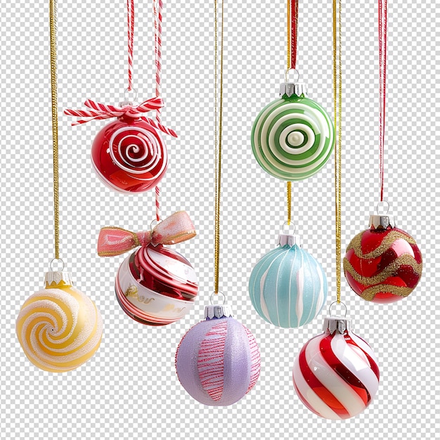 a group of christmas ornaments with gold and red stripes on a gray background