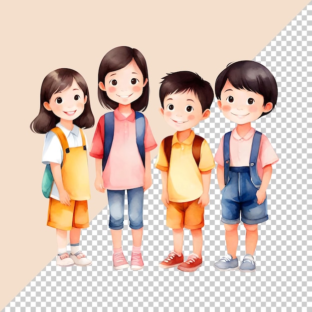 A Group Of Cute Adorable Asian School Kids With Casual Uniform Isolated Transparent Illustration