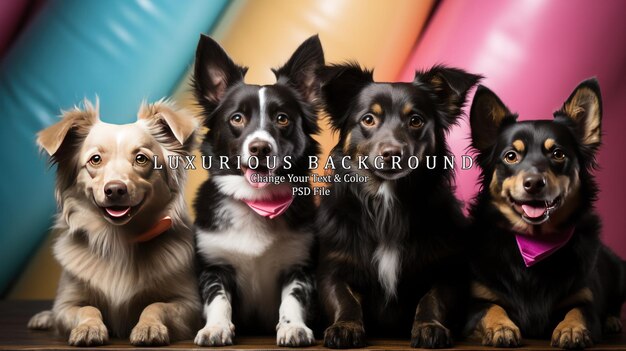 PSD group of cute dogs in party hats on color background