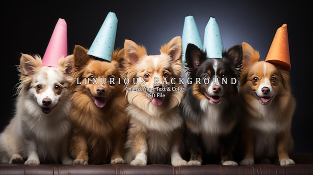 Group of cute dogs in party hats on color background