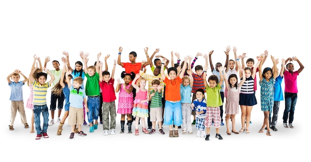 Group of diverse kids with arms raised isolated on white