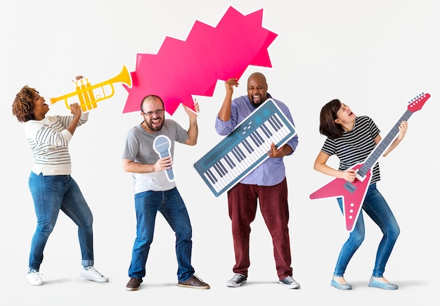 PSD group of diverse people enjoying music instruments