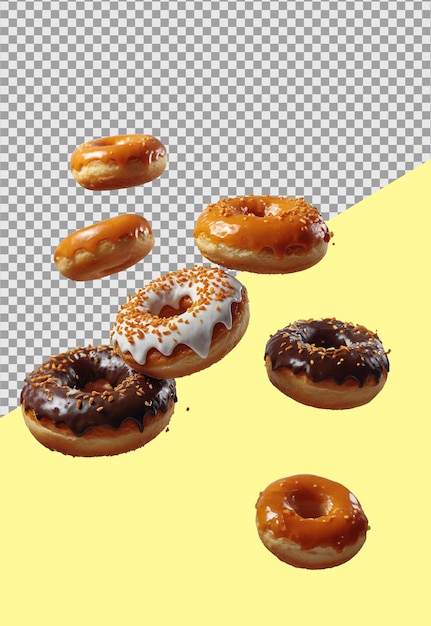 a group of donuts are on a yellow surface and one of them has a white frosted donut on it