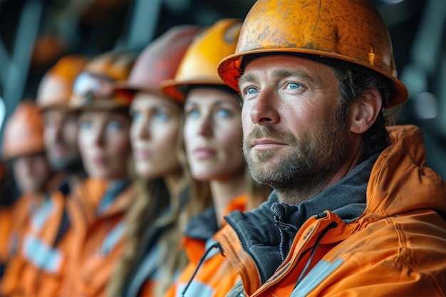 Group of factory workers in uniform and orange helmets