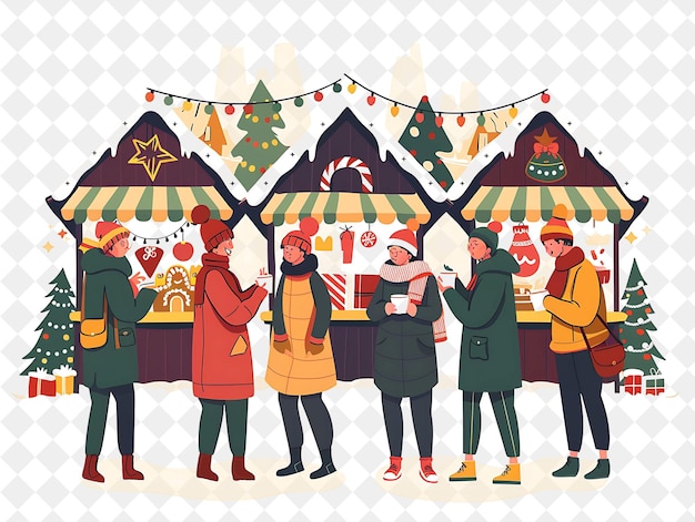 PSD group of friends attending a christmas market design is fest flat illustration festival of the world